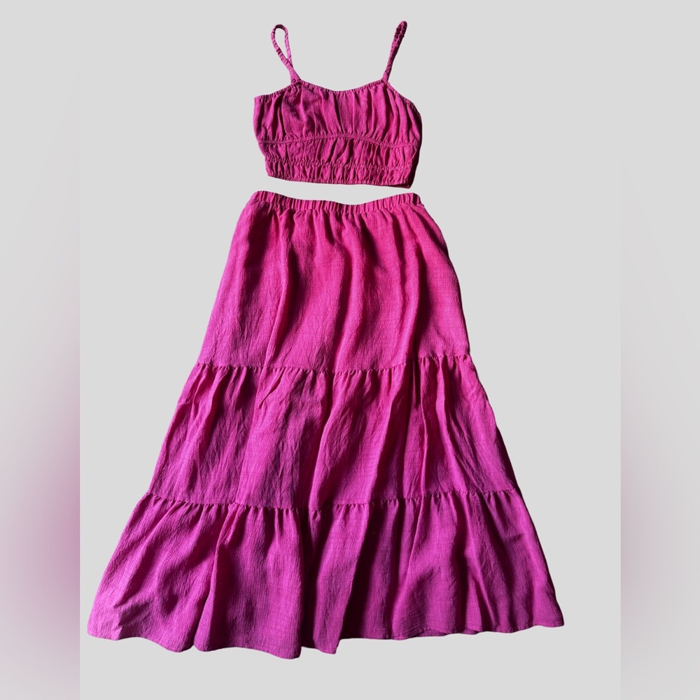Long Skirt and Tank Set Bright Pink Flowy Skirt with Matching Cropped Top
